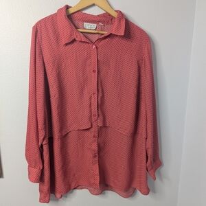 Joan Rivers‎ 1X Button Front Blouse, Coral Pink Polka Dot, Long Sleeve